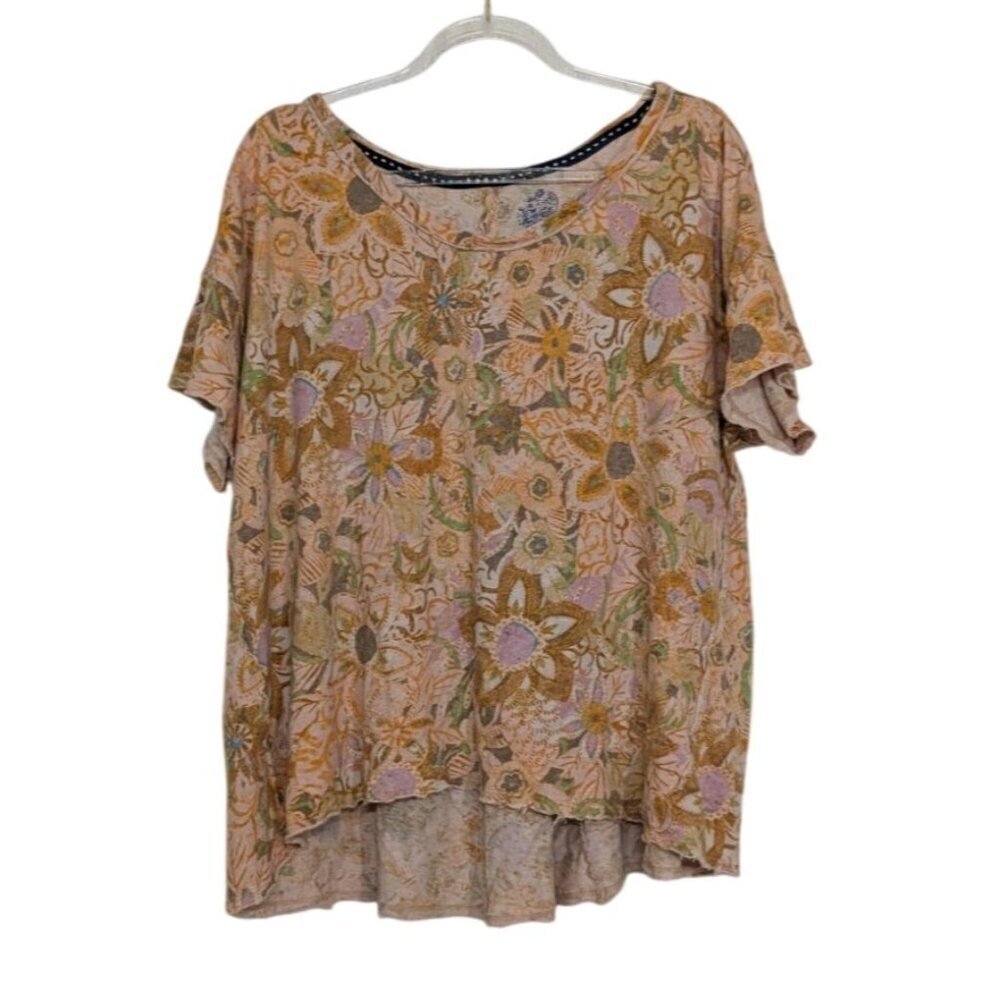 Pilcro Floral Shirt Womens Size Medium Orange Linen Cotton Split Back Swing Tee